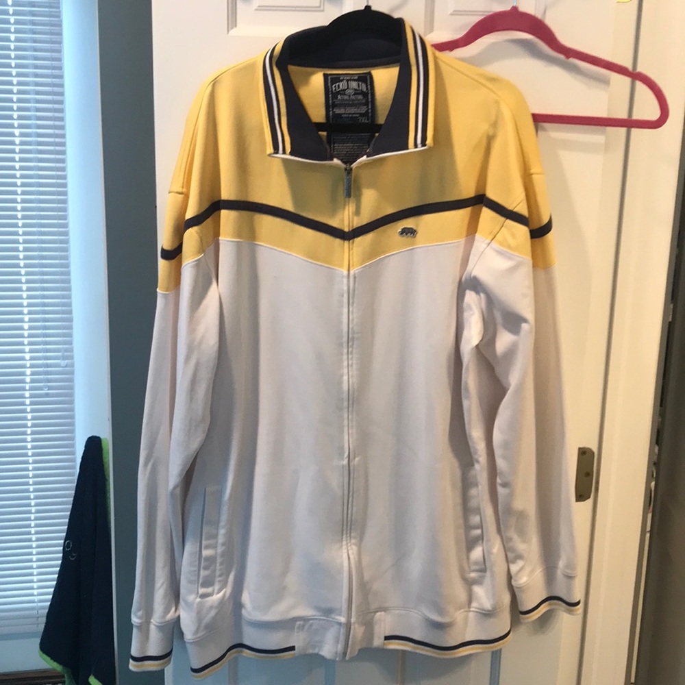 White with yellow and navy trim echo sweat jacket